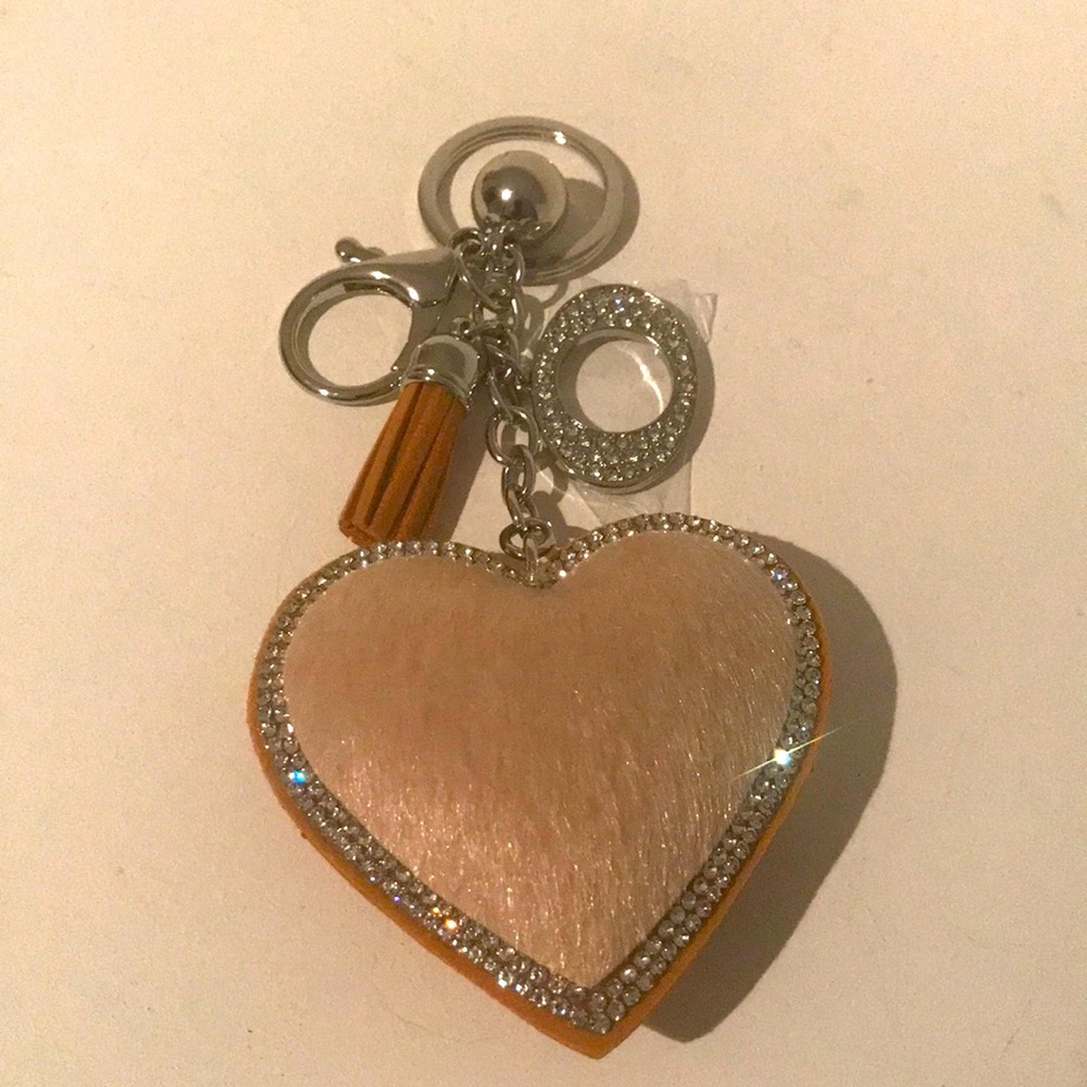 “New” Cute Heart Keychain with Rhinestones and Fur Detail.